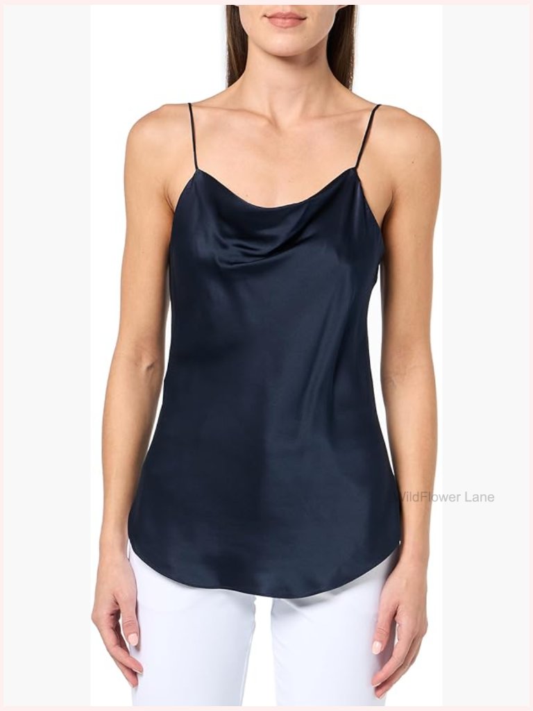 Silk Cami Top Cowl Neck Sleeveless Lace Trim Pull On Blouse
